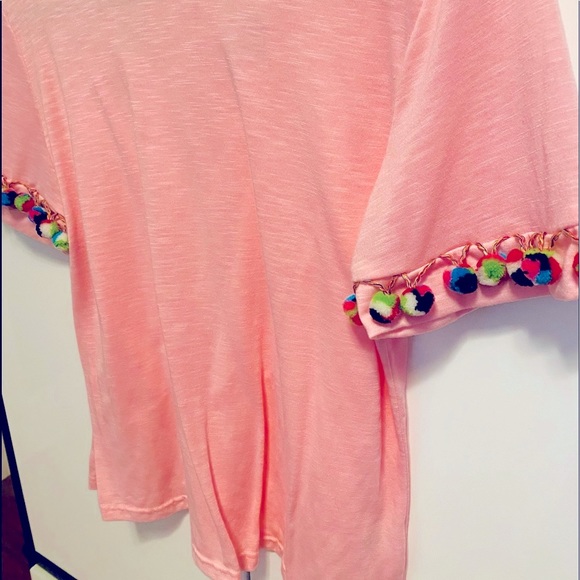 Shein Pink Pom Pom Trimmed Sleeve Tee Shirt - Picture 14 of 15